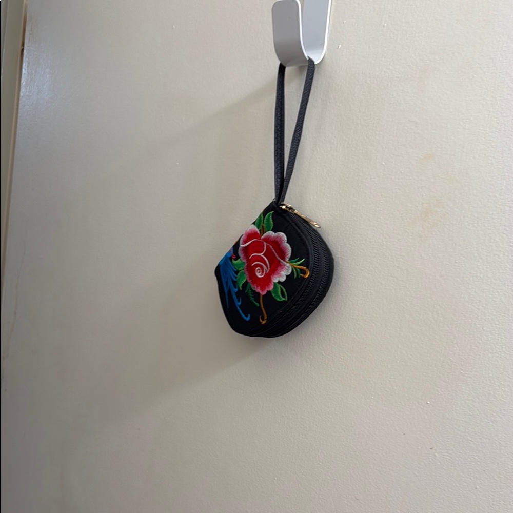 Floral Embroidered Black Wristlet